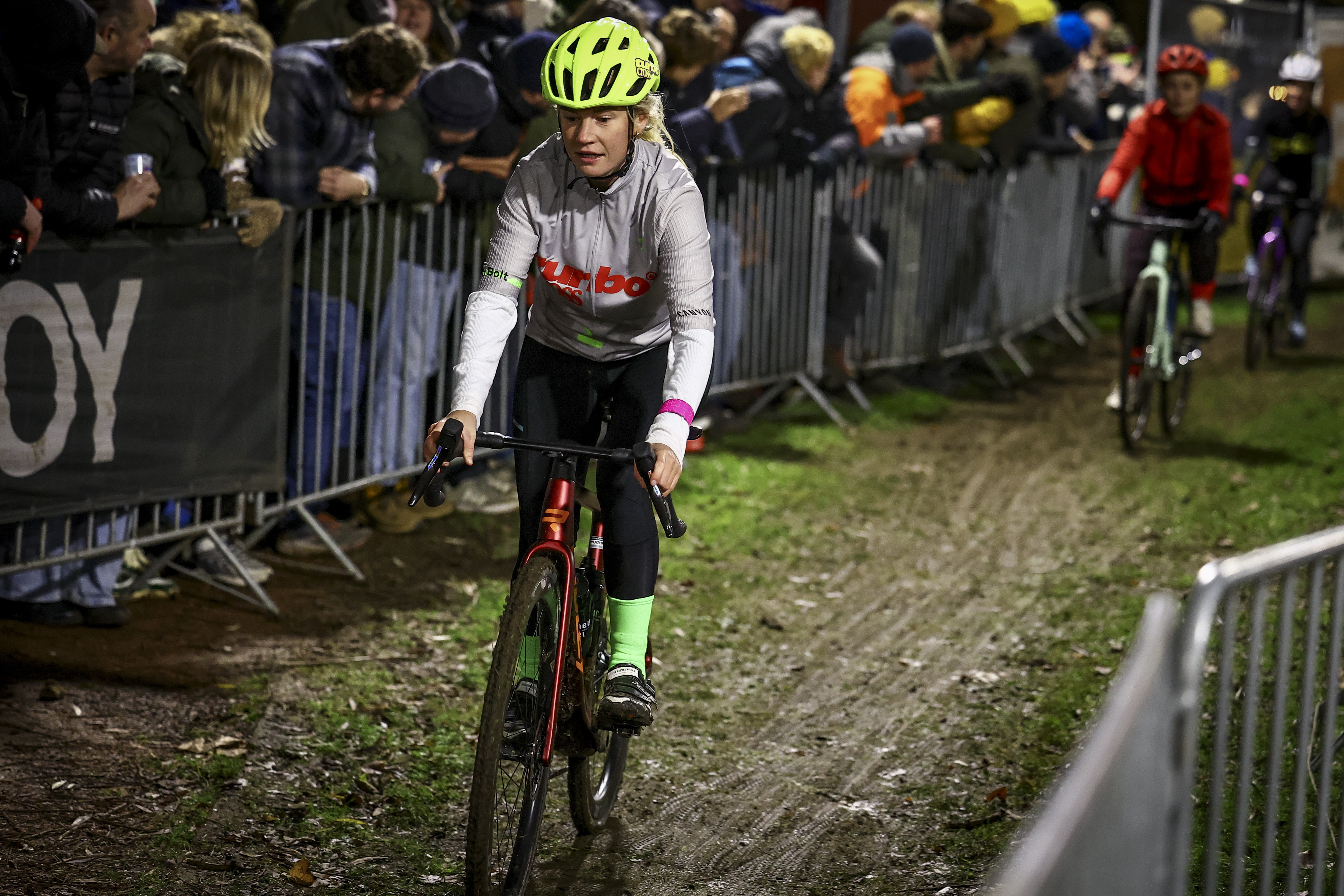 Elodie Gabias pictured in action during the 'Turbo Cross' relay race featuring well known amateurs, at the Diegem Cross cyclocross cycling event, Monday 30 December 2024 in Diegem, stage 6/8 in the Superprestige cyclocross cycling competition. BELGA PHOTO DAVID PINTENS