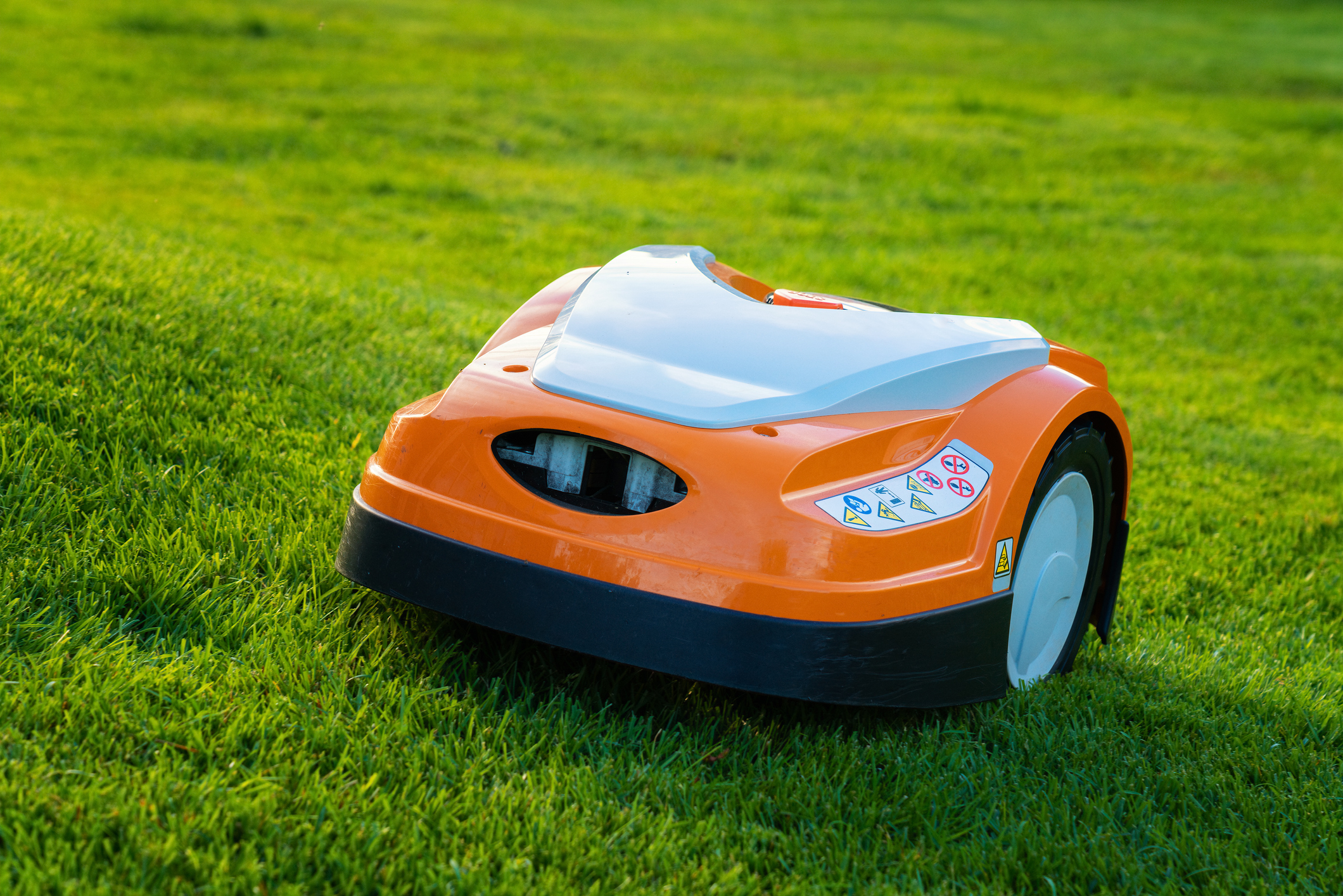 Automatic lawn robot mower moves on the grass slope, lawn. Close up side view