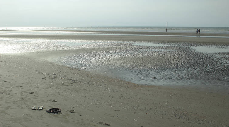 strand van nieuwpoort waar je in de verte twee mensen ziet wandelen in de avondzon.