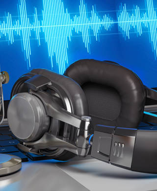 Home music or podcast studio. Microphone with headphones on laptop with waves on the screen. 3d illustration