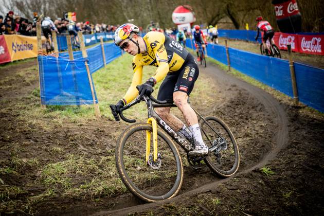 Belgian Wout van Aert pictured in action during the men elite race of the 'Flandriencross' cyclocross cycling event, stage 6/8 in the 'X20 Badkamers Trofee' competition, Saturday 28 January 2023 in Hamme, Belgium. BELGA PHOTO JASPER JACOBS