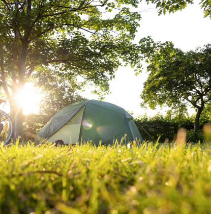 A tent set up next to a bicycle with panniers. Low angle shot with grass in the foreground. Natural background with trees at sunset.