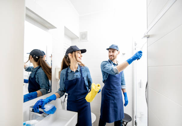 Couple as a professional cleaners in blue uniform cleaning bathroom. Cleaning service concept