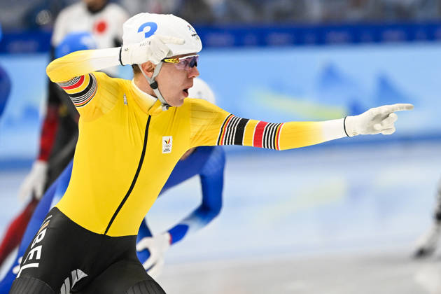 Belgian speed skater Bart Swings celebrates as he crosses the finish line to win the final of the men's mass start speed skating event at the Beijing 2022 Winter Olympics in Beijing, China, Saturday 19 February 2022. The winter Olympics are taking place from 4 February to 20 February 2022. BELGA PHOTO LAURIE DIEFFEMBACQ